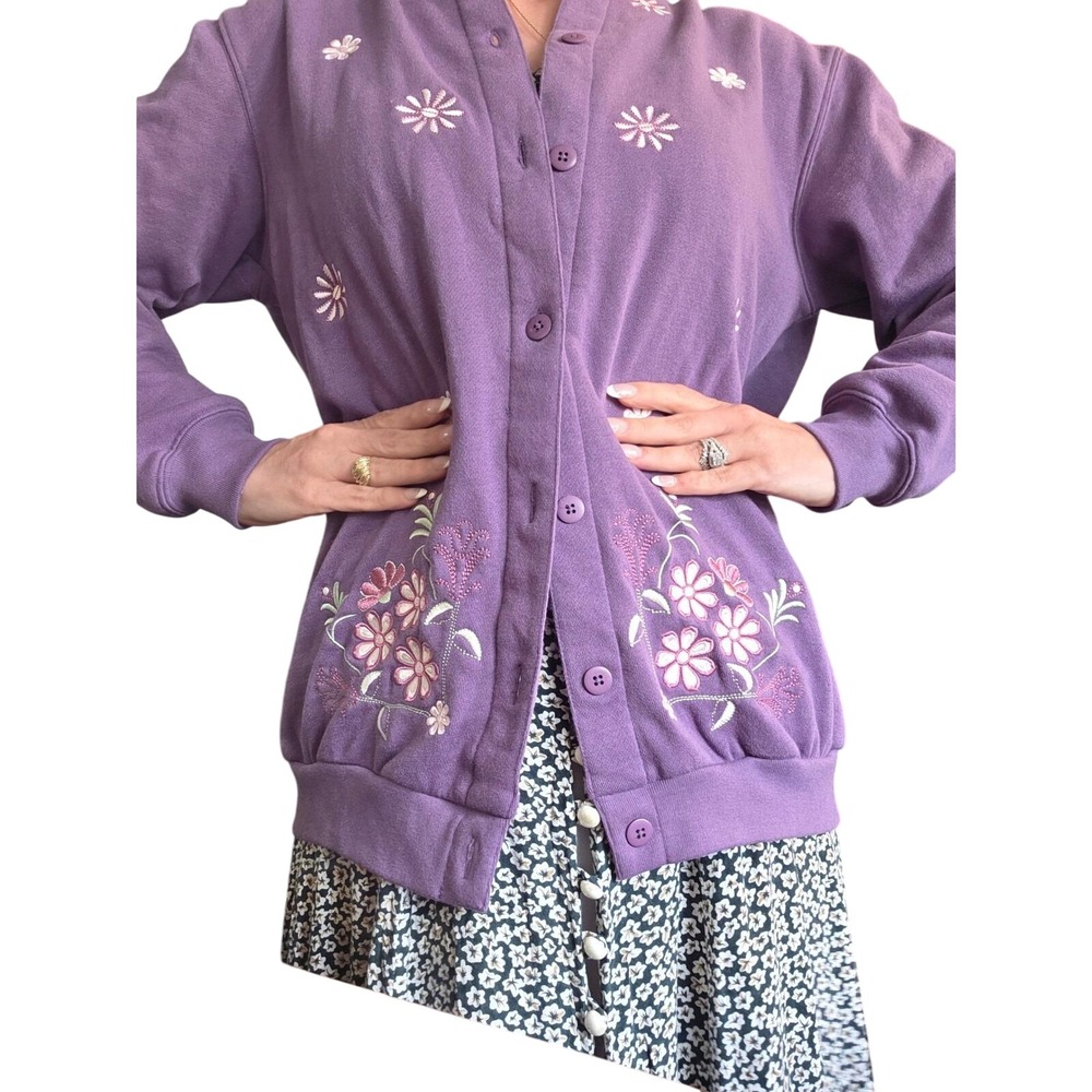 Jenny Buchanan Floral Embroidered Cardigan Grandma Core Button Up Lavender‎ M